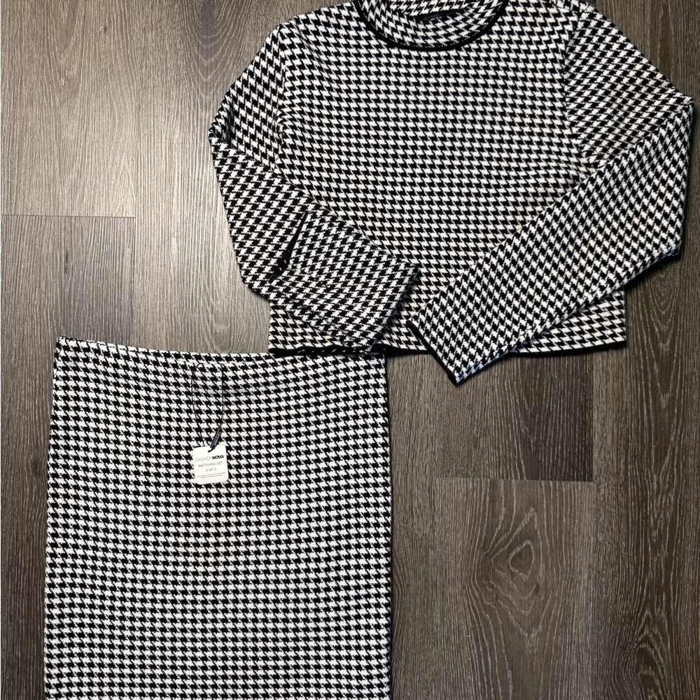 Trendy Black and White Houndstooth Top and Skirt Set